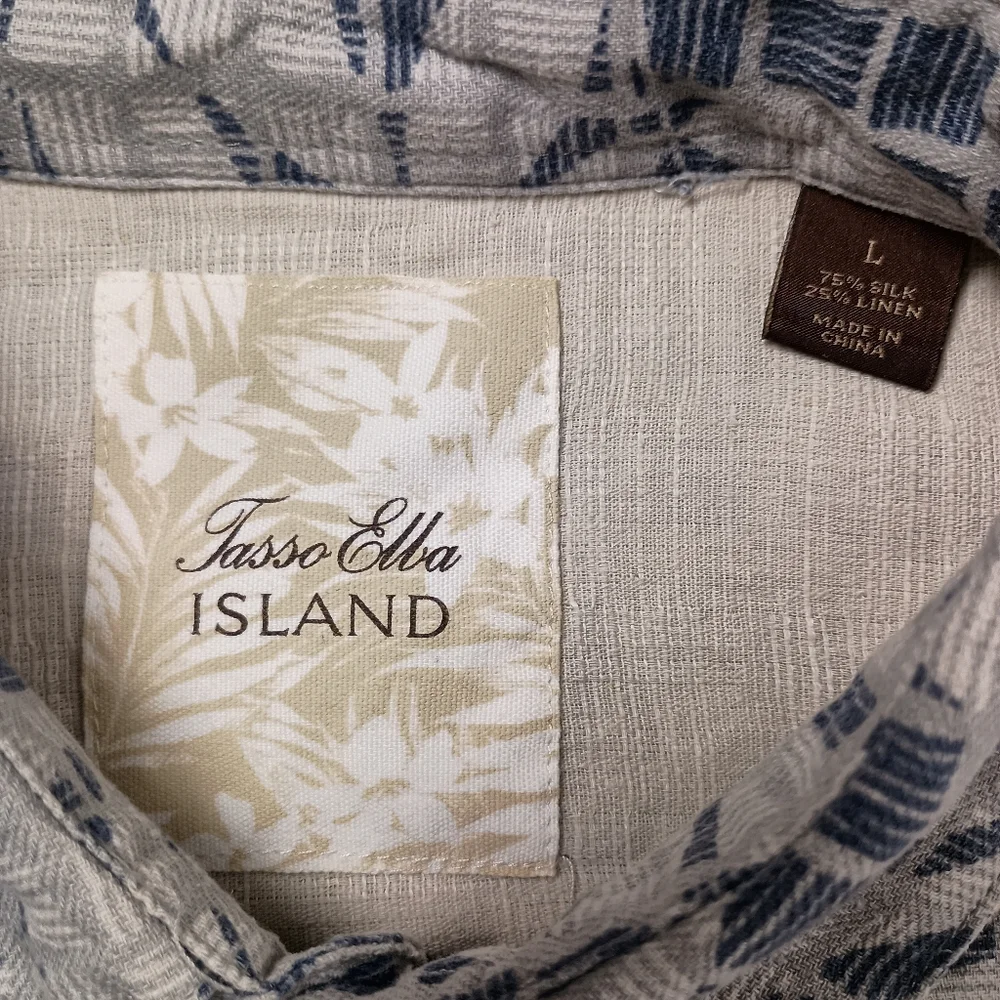 Tasso Elba Island Silk Linen Blue‎ Gray Tropical Men's L Short Sleeve Shirt